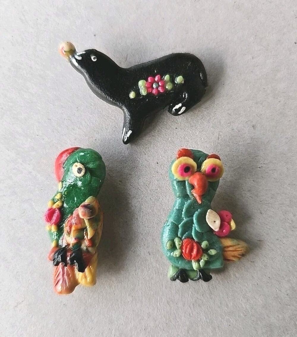 Vintage 1950s Kitsch 3D Animal Brooches Mid Century Novelty Pins Handmade